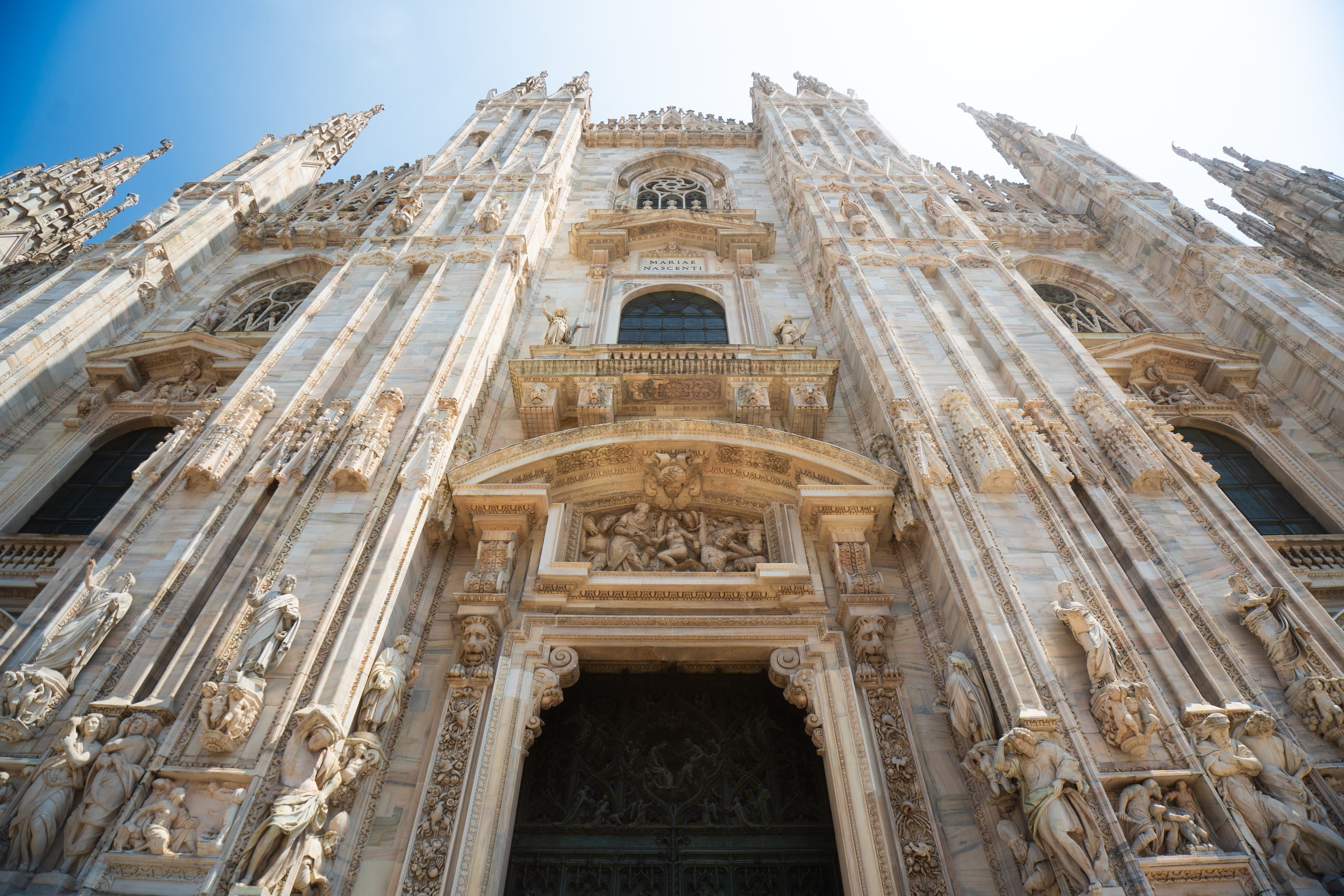 The west front of Milan's cathedral seen from directly below