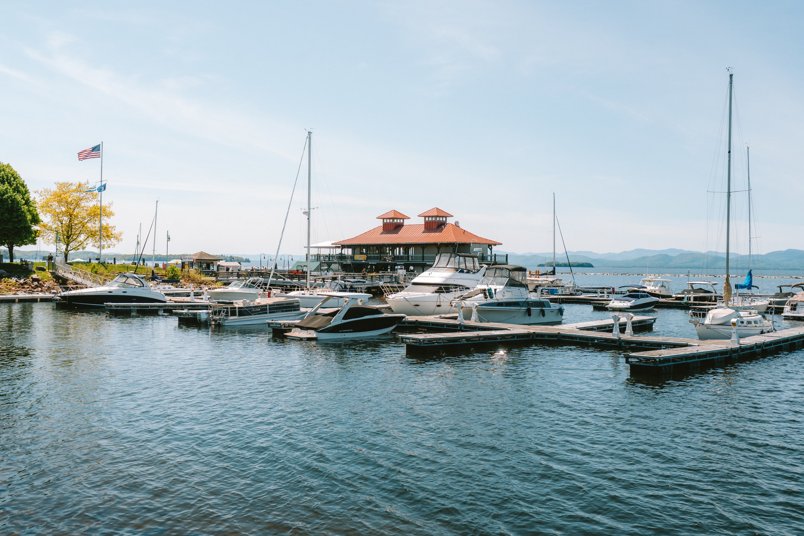 Yachts and a clubhouse at a marina